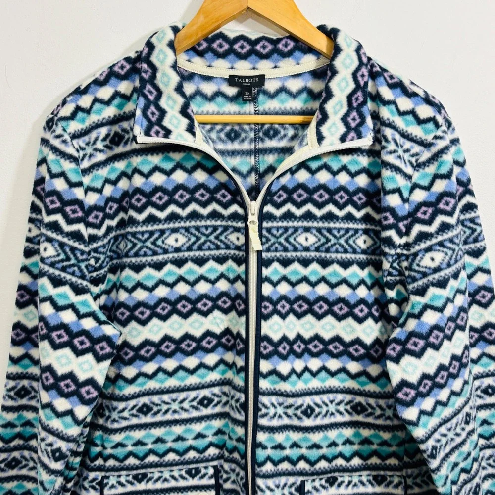 Talbots Fair Isle Aztec Blue Purple Print Fleece Zip‎ Up Jacket Side Pockets 2X